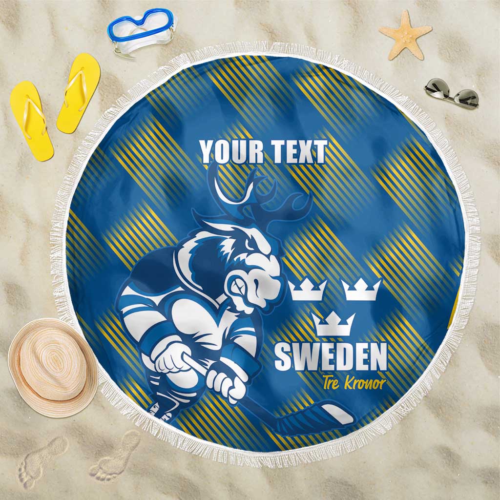 Sweden Hockey Custom Beach Blanket Tre Kronor Swedish Moose Mascot