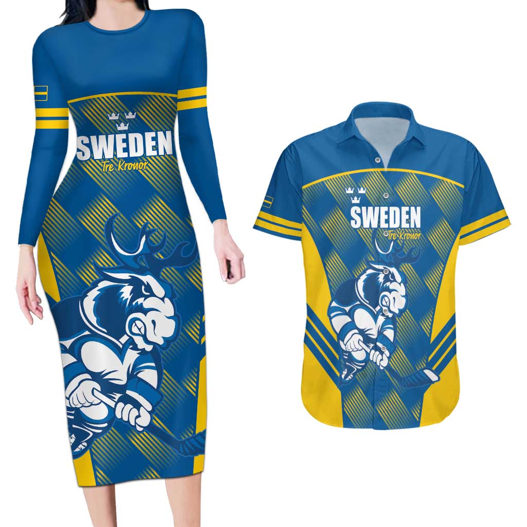Sweden Hockey Custom Couples Matching Long Sleeve Bodycon Dress and Hawaiian Shirt Tre Kronor Swedish Moose Mascot