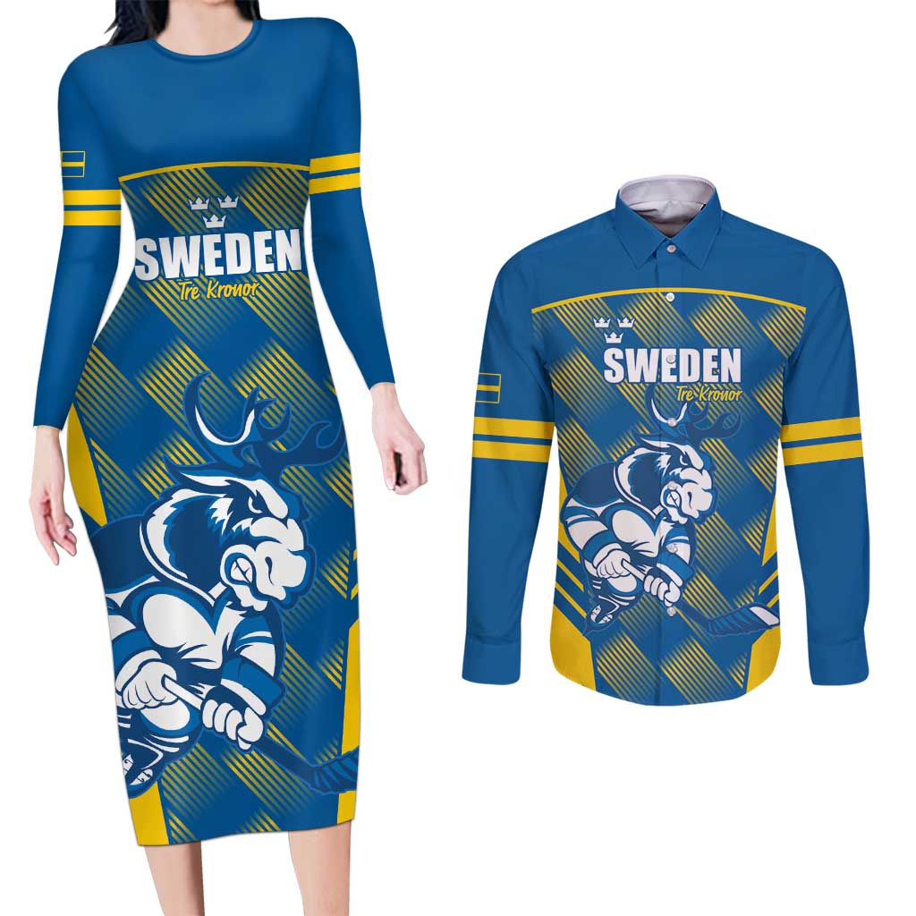 Sweden Hockey Custom Couples Matching Long Sleeve Bodycon Dress and Long Sleeve Button Shirt Tre Kronor Swedish Moose Mascot