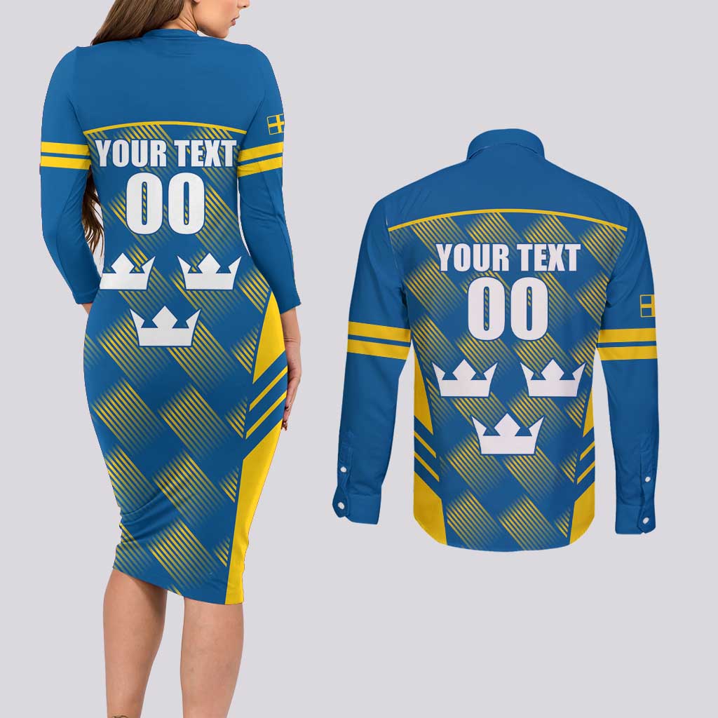 Sweden Hockey Custom Couples Matching Long Sleeve Bodycon Dress and Long Sleeve Button Shirt Tre Kronor Swedish Moose Mascot