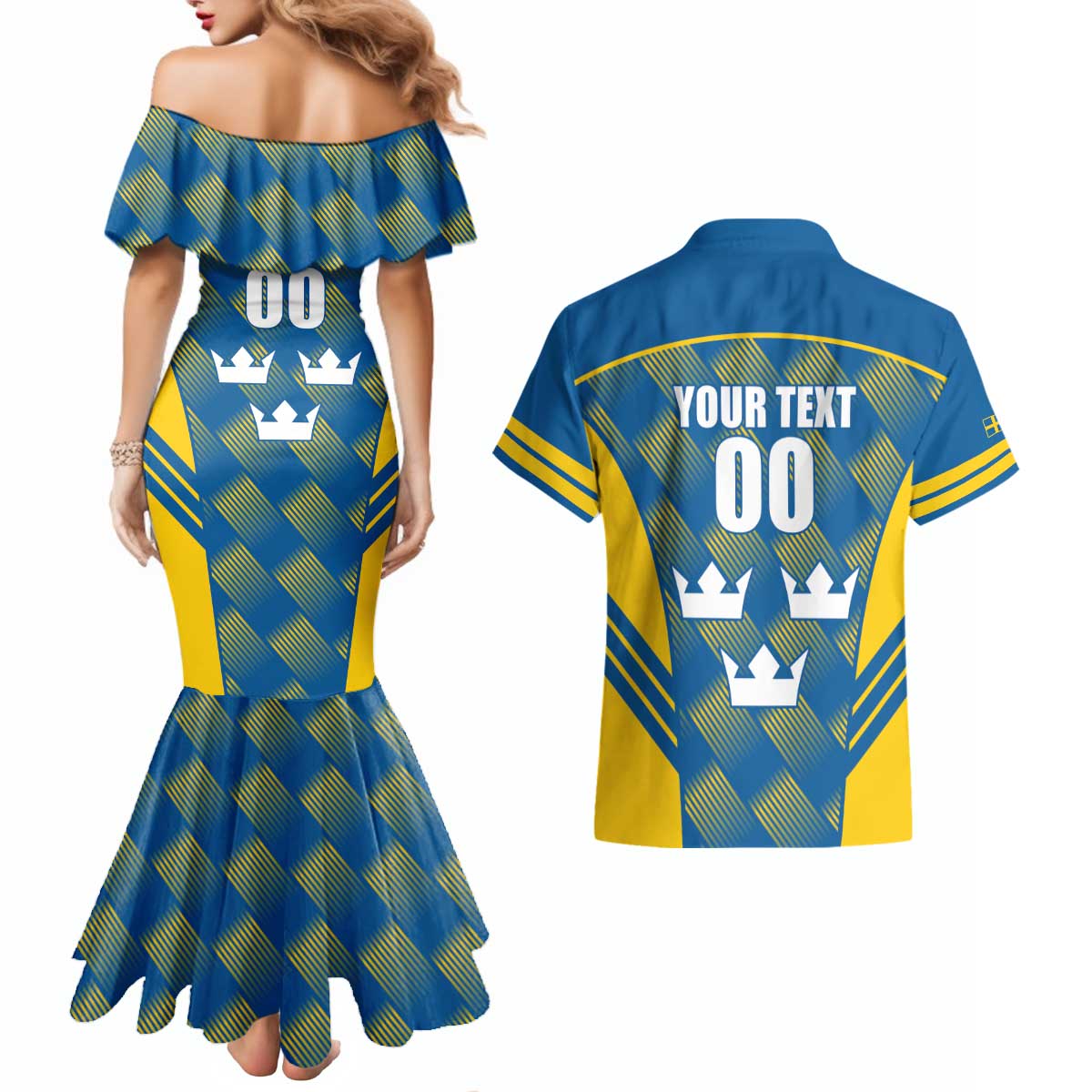Sweden Hockey Custom Couples Matching Mermaid Dress and Hawaiian Shirt Tre Kronor Swedish Moose Mascot