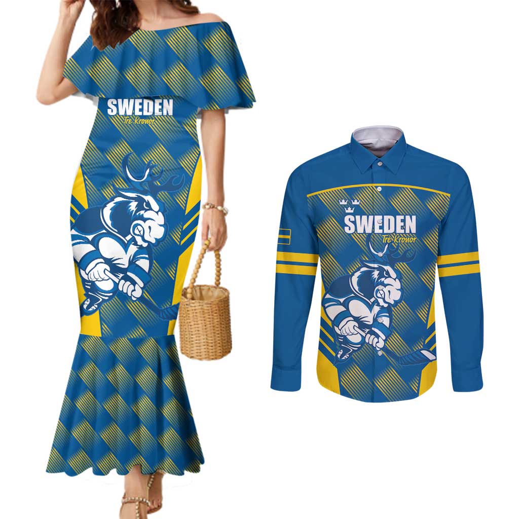 Sweden Hockey Custom Couples Matching Mermaid Dress and Long Sleeve Button Shirt Tre Kronor Swedish Moose Mascot