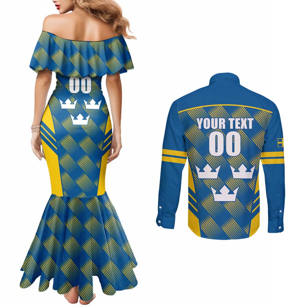 Sweden Hockey Custom Couples Matching Mermaid Dress and Long Sleeve Button Shirt Tre Kronor Swedish Moose Mascot