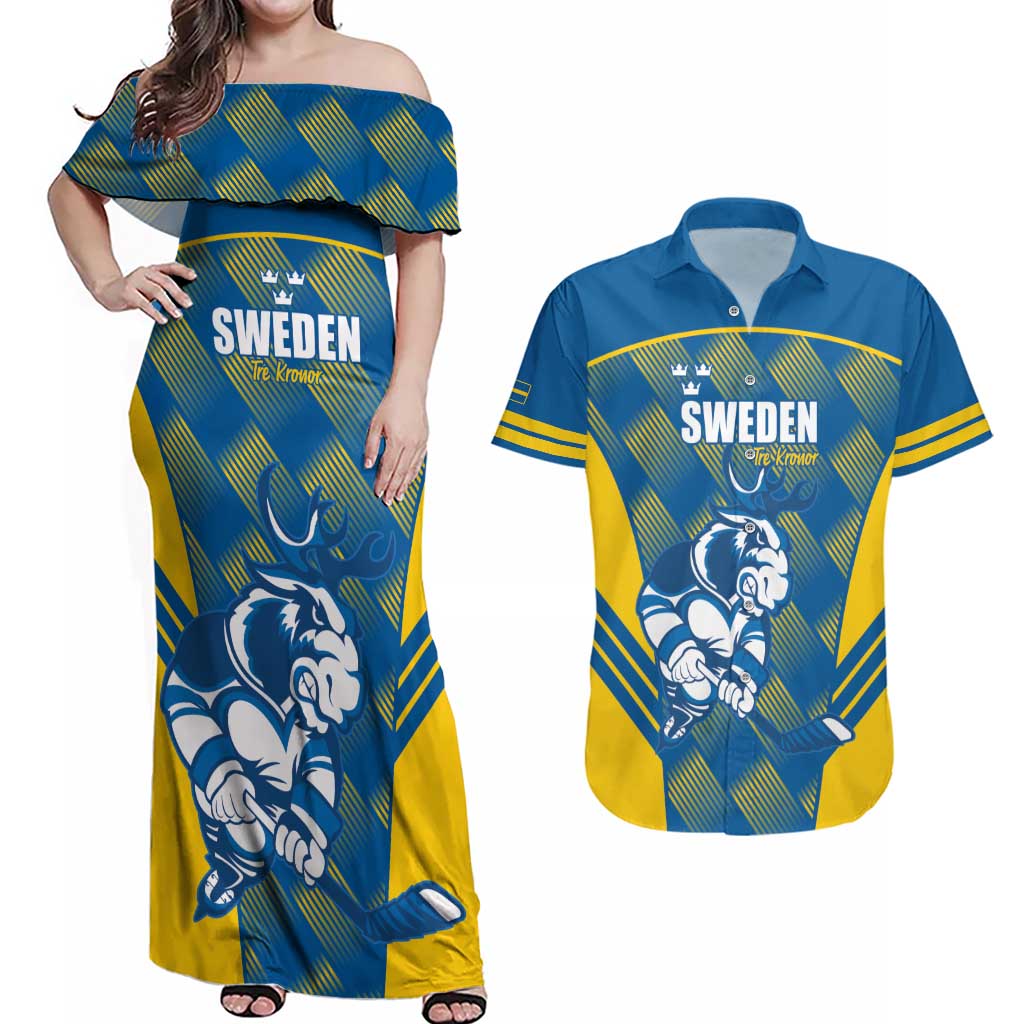 Sweden Hockey Custom Couples Matching Off Shoulder Maxi Dress and Hawaiian Shirt Tre Kronor Swedish Moose Mascot