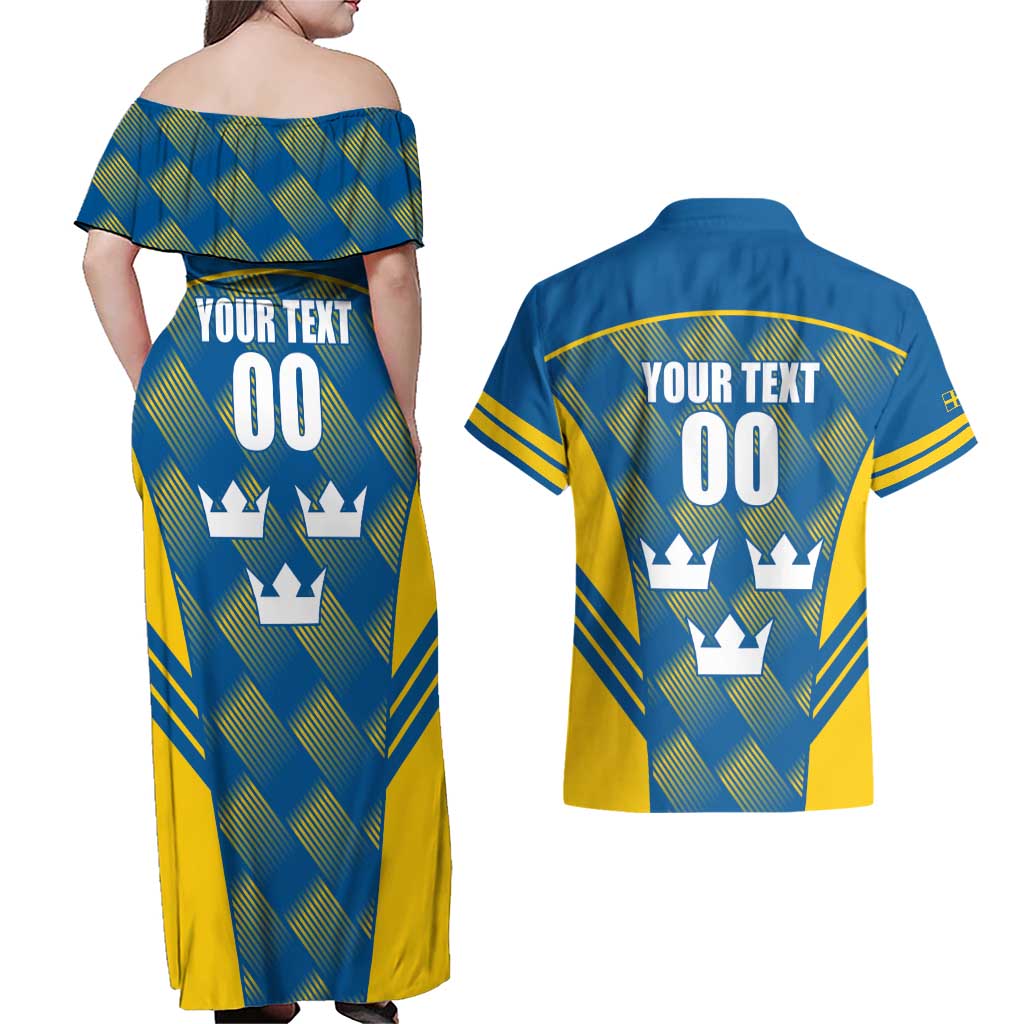 Sweden Hockey Custom Couples Matching Off Shoulder Maxi Dress and Hawaiian Shirt Tre Kronor Swedish Moose Mascot