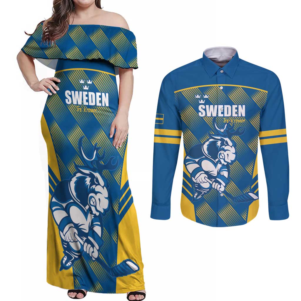 Sweden Hockey Custom Couples Matching Off Shoulder Maxi Dress and Long Sleeve Button Shirt Tre Kronor Swedish Moose Mascot