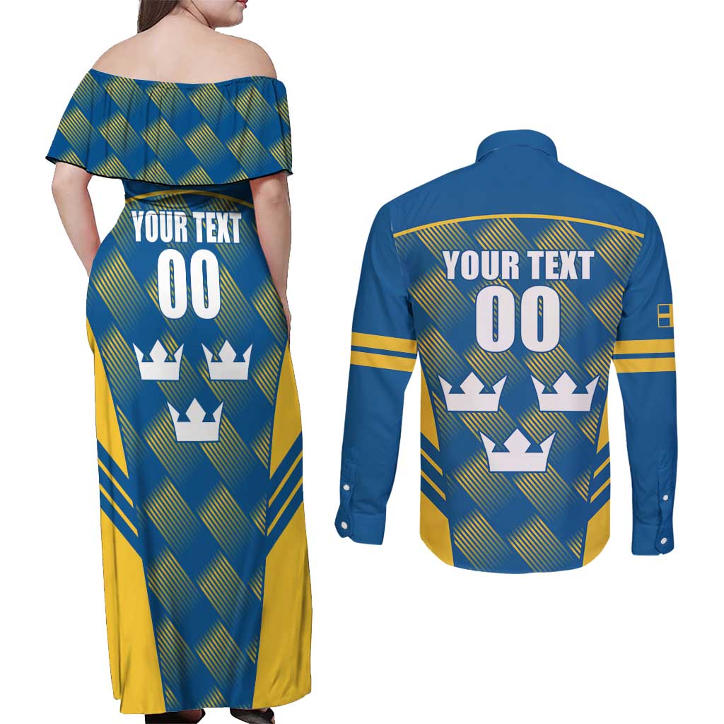 Sweden Hockey Custom Couples Matching Off Shoulder Maxi Dress and Long Sleeve Button Shirt Tre Kronor Swedish Moose Mascot