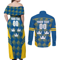 Sweden Hockey Custom Couples Matching Off Shoulder Maxi Dress and Long Sleeve Button Shirt Tre Kronor Swedish Moose Mascot