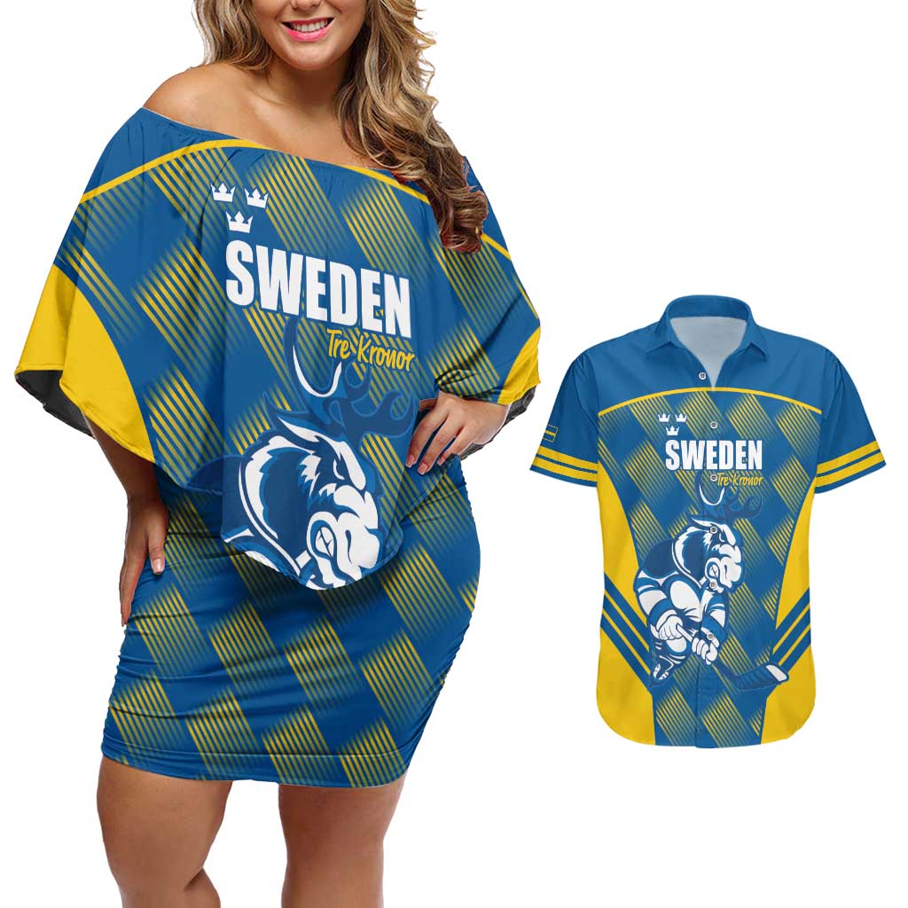 Sweden Hockey Custom Couples Matching Off Shoulder Short Dress and Hawaiian Shirt Tre Kronor Swedish Moose Mascot