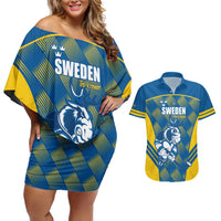Sweden Hockey Custom Couples Matching Off Shoulder Short Dress and Hawaiian Shirt Tre Kronor Swedish Moose Mascot