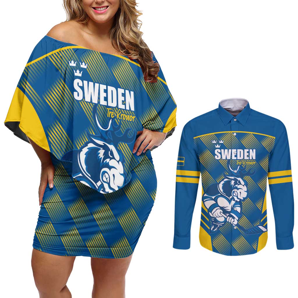 Sweden Hockey Custom Couples Matching Off Shoulder Short Dress and Long Sleeve Button Shirt Tre Kronor Swedish Moose Mascot