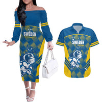 Sweden Hockey Custom Couples Matching Off The Shoulder Long Sleeve Dress and Hawaiian Shirt Tre Kronor Swedish Moose Mascot