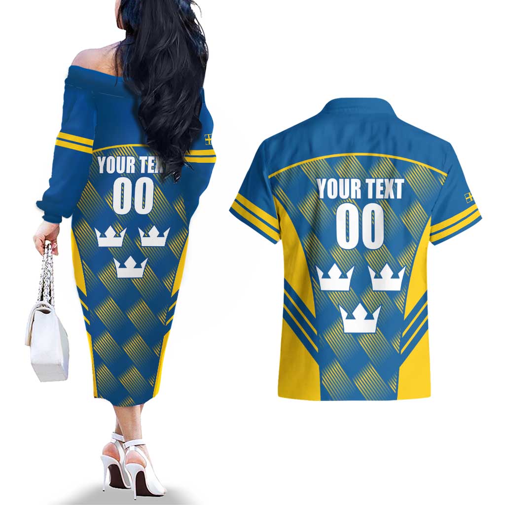 Sweden Hockey Custom Couples Matching Off The Shoulder Long Sleeve Dress and Hawaiian Shirt Tre Kronor Swedish Moose Mascot