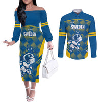 Sweden Hockey Custom Couples Matching Off The Shoulder Long Sleeve Dress and Long Sleeve Button Shirt Tre Kronor Swedish Moose Mascot