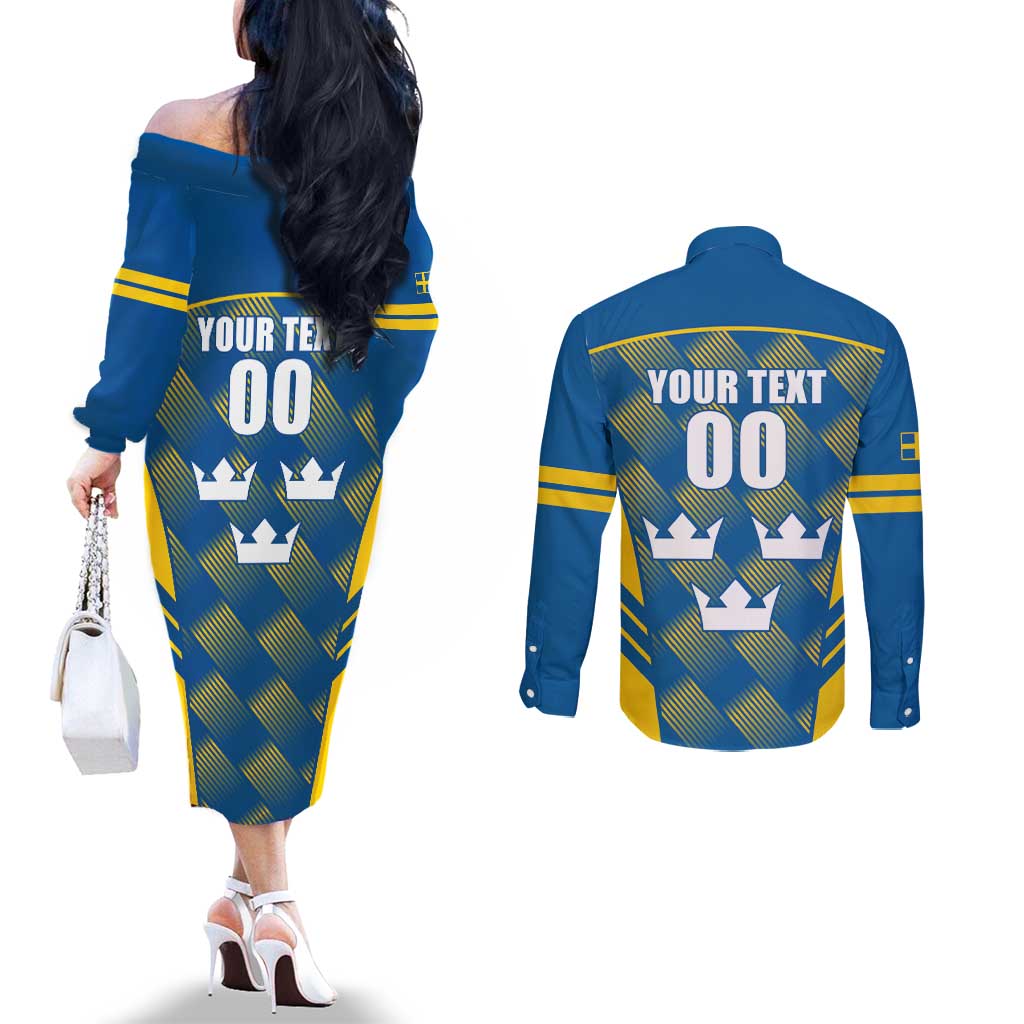 Sweden Hockey Custom Couples Matching Off The Shoulder Long Sleeve Dress and Long Sleeve Button Shirt Tre Kronor Swedish Moose Mascot