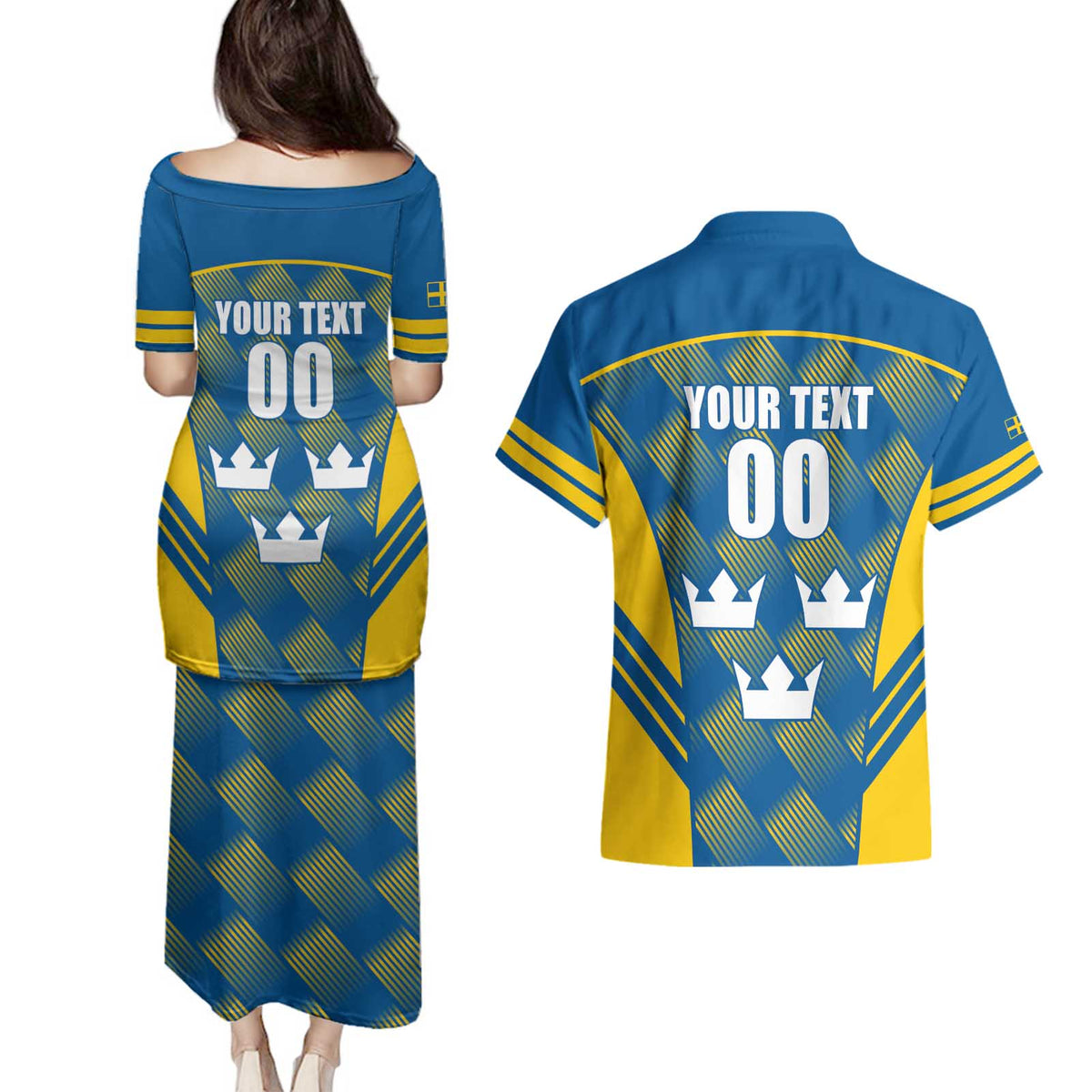 Sweden Hockey Custom Couples Matching Puletasi and Hawaiian Shirt Tre Kronor Swedish Moose Mascot