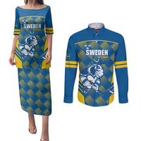 Sweden Hockey Custom Couples Matching Puletasi and Long Sleeve Button Shirt Tre Kronor Swedish Moose Mascot