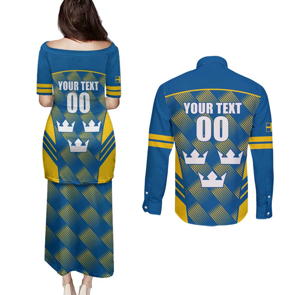Sweden Hockey Custom Couples Matching Puletasi and Long Sleeve Button Shirt Tre Kronor Swedish Moose Mascot