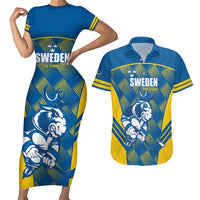 Sweden Hockey Custom Couples Matching Short Sleeve Bodycon Dress and Hawaiian Shirt Tre Kronor Swedish Moose Mascot