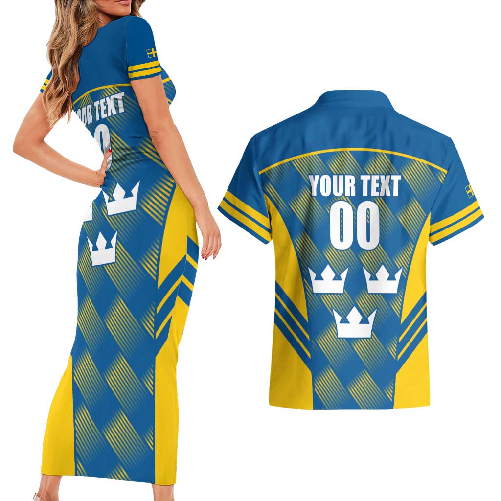 Sweden Hockey Custom Couples Matching Short Sleeve Bodycon Dress and Hawaiian Shirt Tre Kronor Swedish Moose Mascot