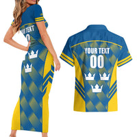 Sweden Hockey Custom Couples Matching Short Sleeve Bodycon Dress and Hawaiian Shirt Tre Kronor Swedish Moose Mascot