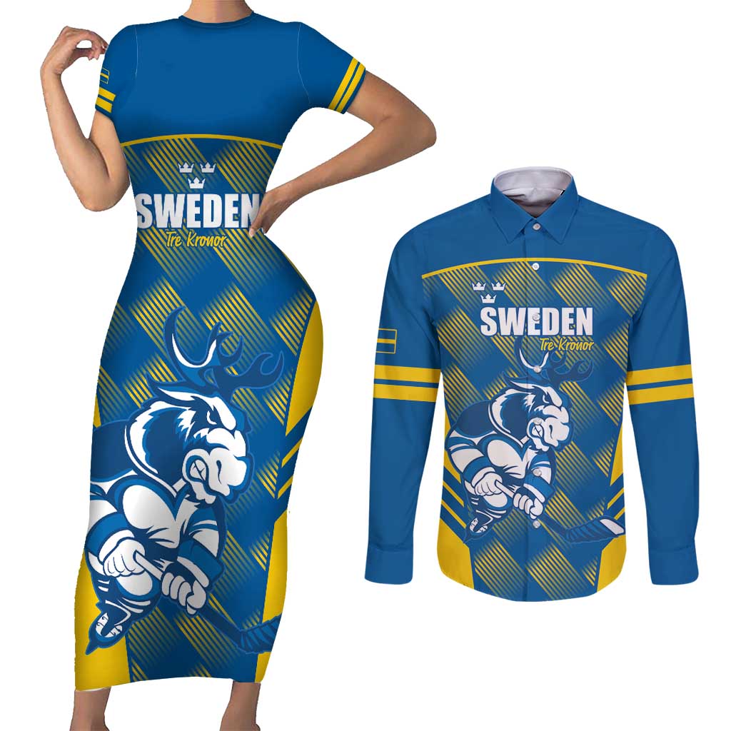 Sweden Hockey Custom Couples Matching Short Sleeve Bodycon Dress and Long Sleeve Button Shirt Tre Kronor Swedish Moose Mascot