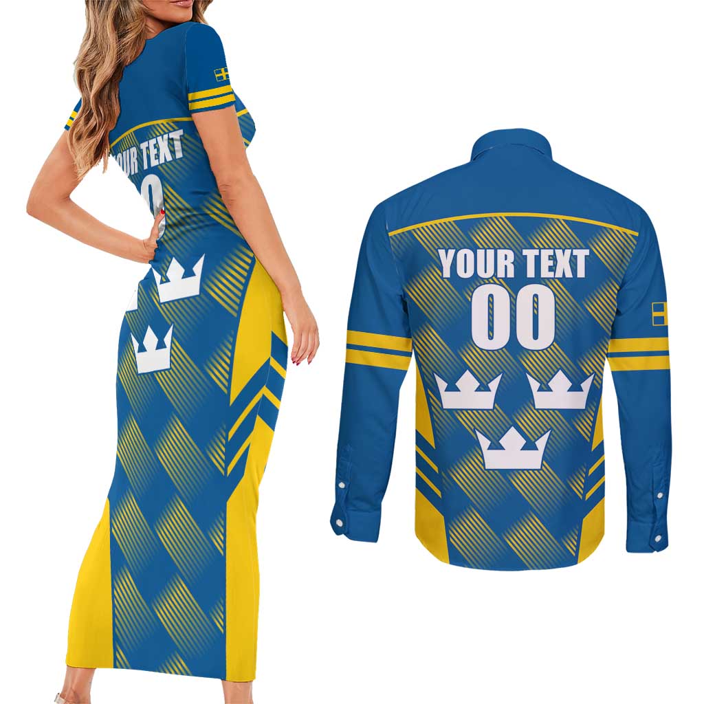 Sweden Hockey Custom Couples Matching Short Sleeve Bodycon Dress and Long Sleeve Button Shirt Tre Kronor Swedish Moose Mascot