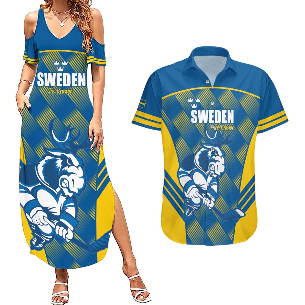 Sweden Hockey Custom Couples Matching Summer Maxi Dress and Hawaiian Shirt Tre Kronor Swedish Moose Mascot