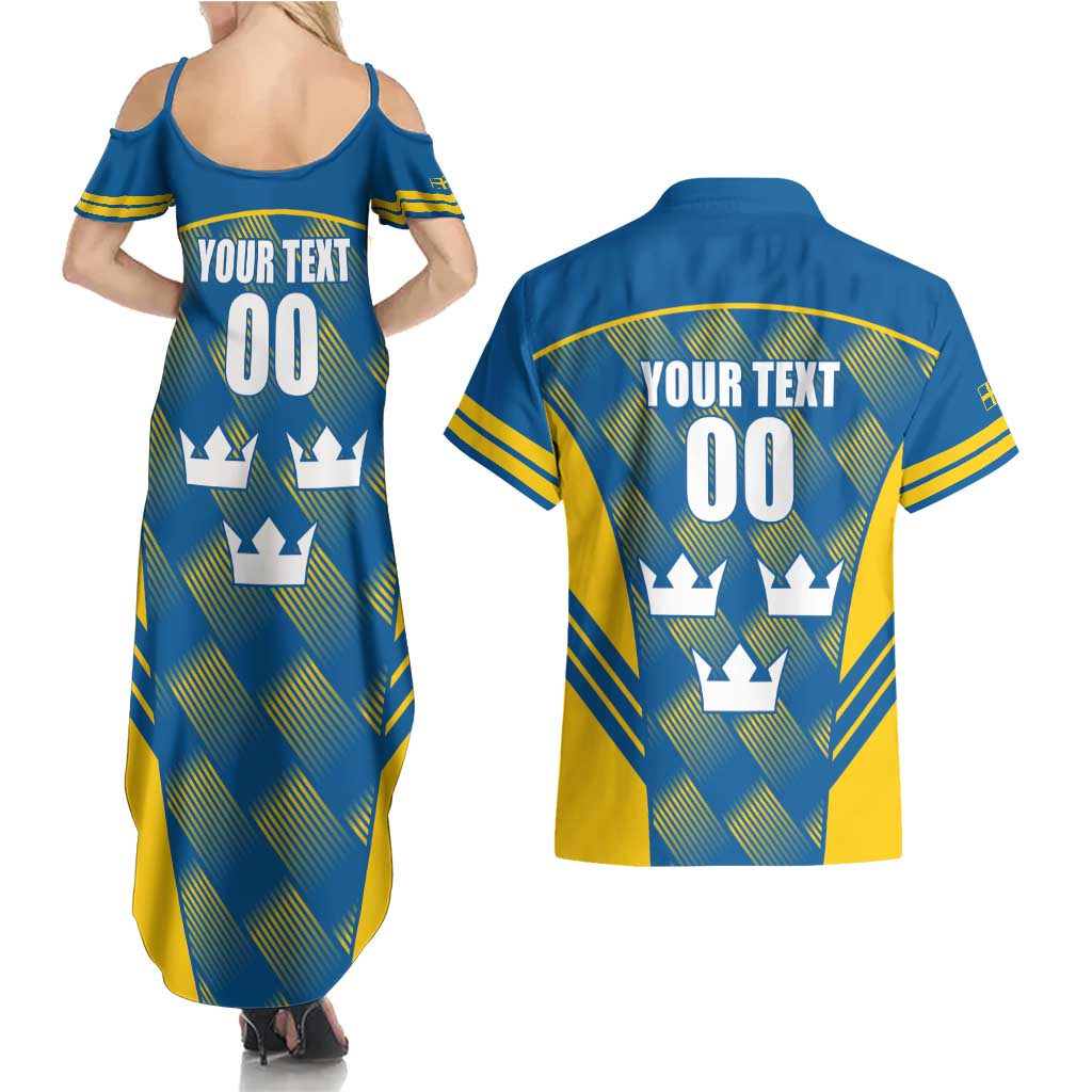 Sweden Hockey Custom Couples Matching Summer Maxi Dress and Hawaiian Shirt Tre Kronor Swedish Moose Mascot