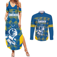 Sweden Hockey Custom Couples Matching Summer Maxi Dress and Long Sleeve Button Shirt Tre Kronor Swedish Moose Mascot