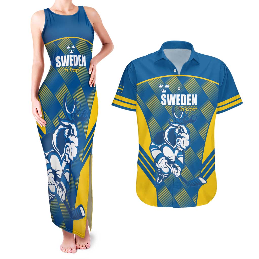 Sweden Hockey Custom Couples Matching Tank Maxi Dress and Hawaiian Shirt Tre Kronor Swedish Moose Mascot