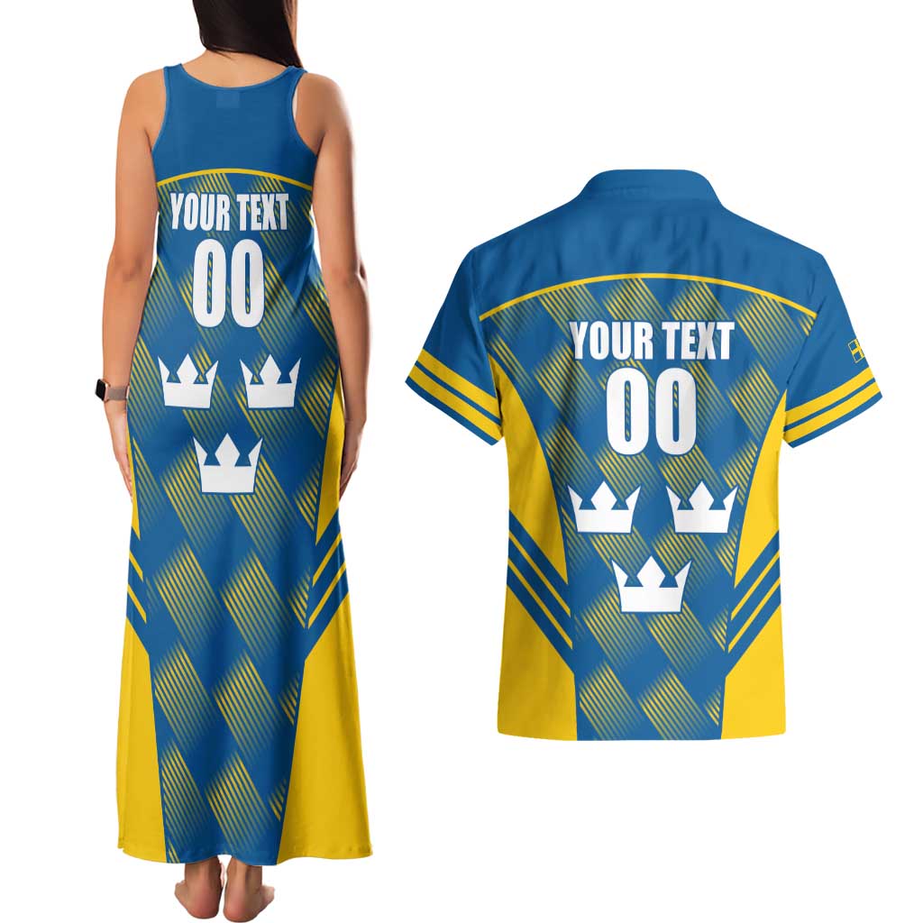 Sweden Hockey Custom Couples Matching Tank Maxi Dress and Hawaiian Shirt Tre Kronor Swedish Moose Mascot