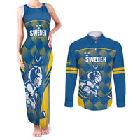 Sweden Hockey Custom Couples Matching Tank Maxi Dress and Long Sleeve Button Shirt Tre Kronor Swedish Moose Mascot