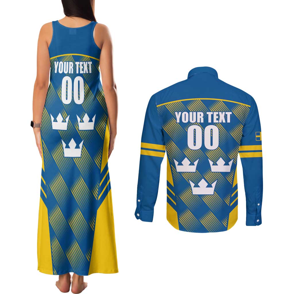 Sweden Hockey Custom Couples Matching Tank Maxi Dress and Long Sleeve Button Shirt Tre Kronor Swedish Moose Mascot