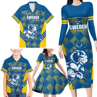 Sweden Hockey Custom Family Matching Long Sleeve Bodycon Dress and Hawaiian Shirt Tre Kronor Swedish Moose Mascot