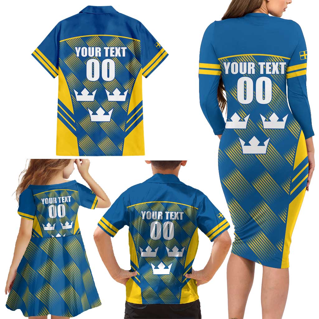 Sweden Hockey Custom Family Matching Long Sleeve Bodycon Dress and Hawaiian Shirt Tre Kronor Swedish Moose Mascot