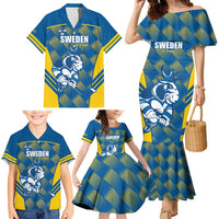 Sweden Hockey Custom Family Matching Mermaid Dress and Hawaiian Shirt Tre Kronor Swedish Moose Mascot