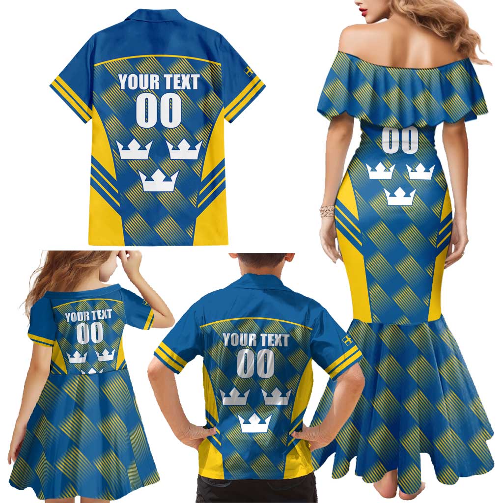 Sweden Hockey Custom Family Matching Mermaid Dress and Hawaiian Shirt Tre Kronor Swedish Moose Mascot