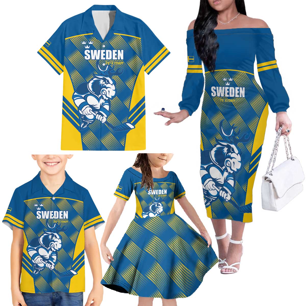 Sweden Hockey Custom Family Matching Off The Shoulder Long Sleeve Dress and Hawaiian Shirt Tre Kronor Swedish Moose Mascot