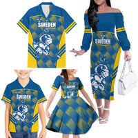 Sweden Hockey Custom Family Matching Off The Shoulder Long Sleeve Dress and Hawaiian Shirt Tre Kronor Swedish Moose Mascot