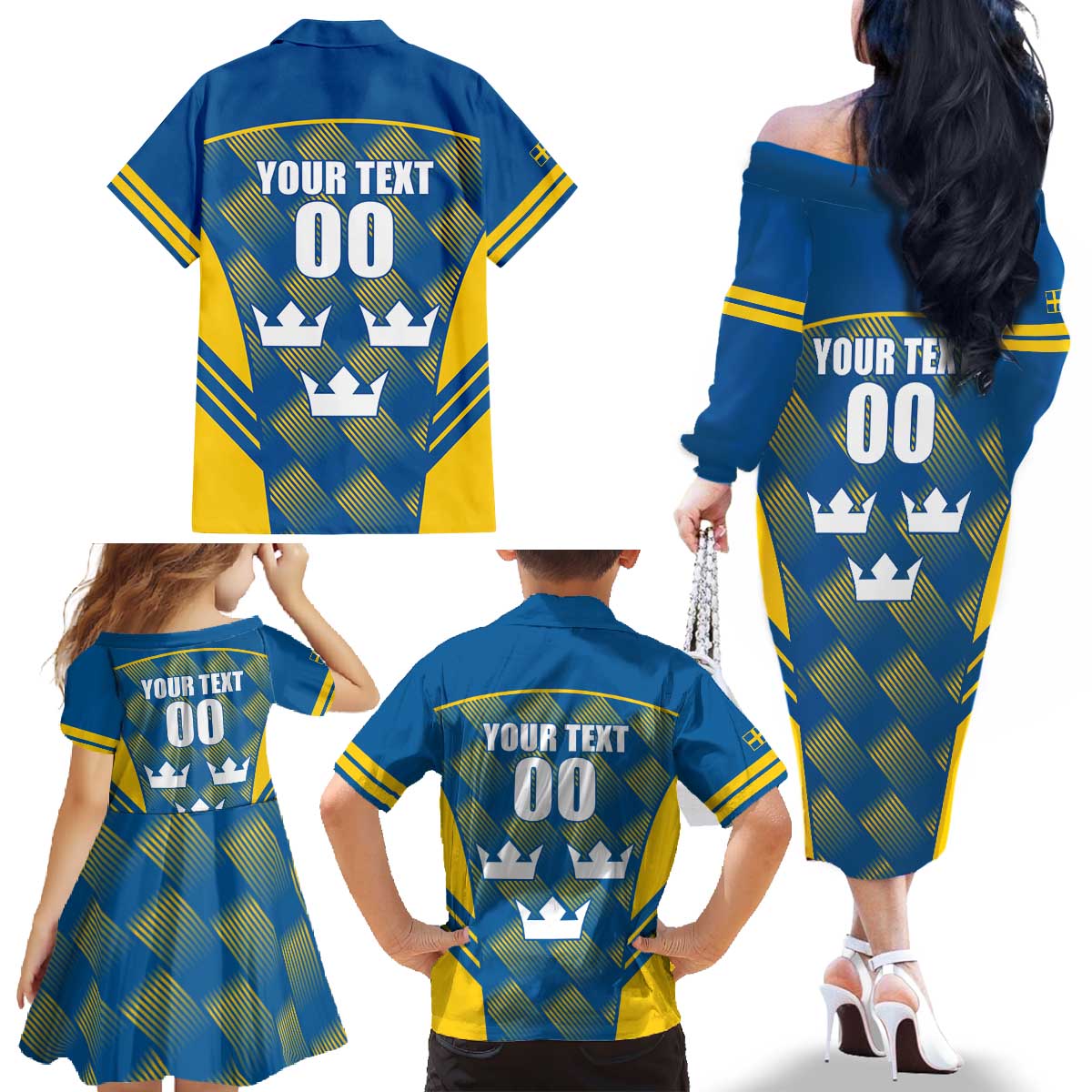 Sweden Hockey Custom Family Matching Off The Shoulder Long Sleeve Dress and Hawaiian Shirt Tre Kronor Swedish Moose Mascot