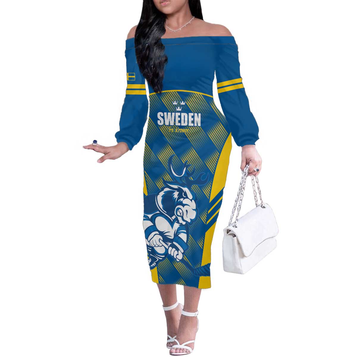 Sweden Hockey Custom Family Matching Off The Shoulder Long Sleeve Dress and Hawaiian Shirt Tre Kronor Swedish Moose Mascot