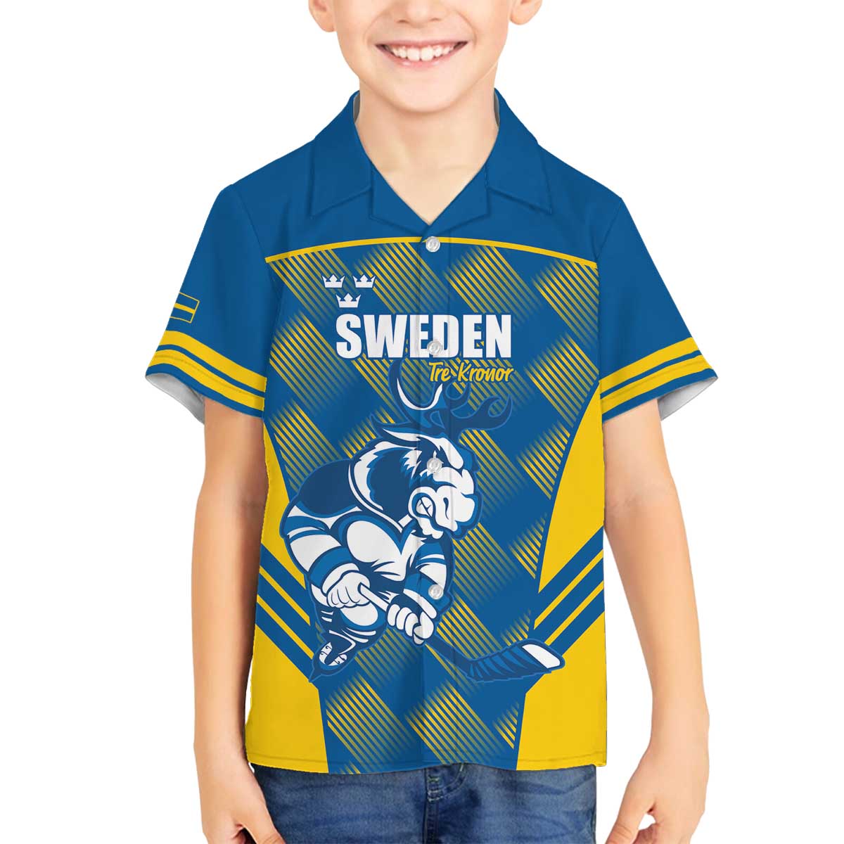 Sweden Hockey Custom Family Matching Off The Shoulder Long Sleeve Dress and Hawaiian Shirt Tre Kronor Swedish Moose Mascot