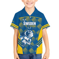Sweden Hockey Custom Family Matching Off The Shoulder Long Sleeve Dress and Hawaiian Shirt Tre Kronor Swedish Moose Mascot