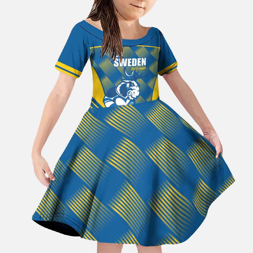 Sweden Hockey Custom Family Matching Off Shoulder Maxi Dress and Hawaiian Shirt Tre Kronor Swedish Moose Mascot