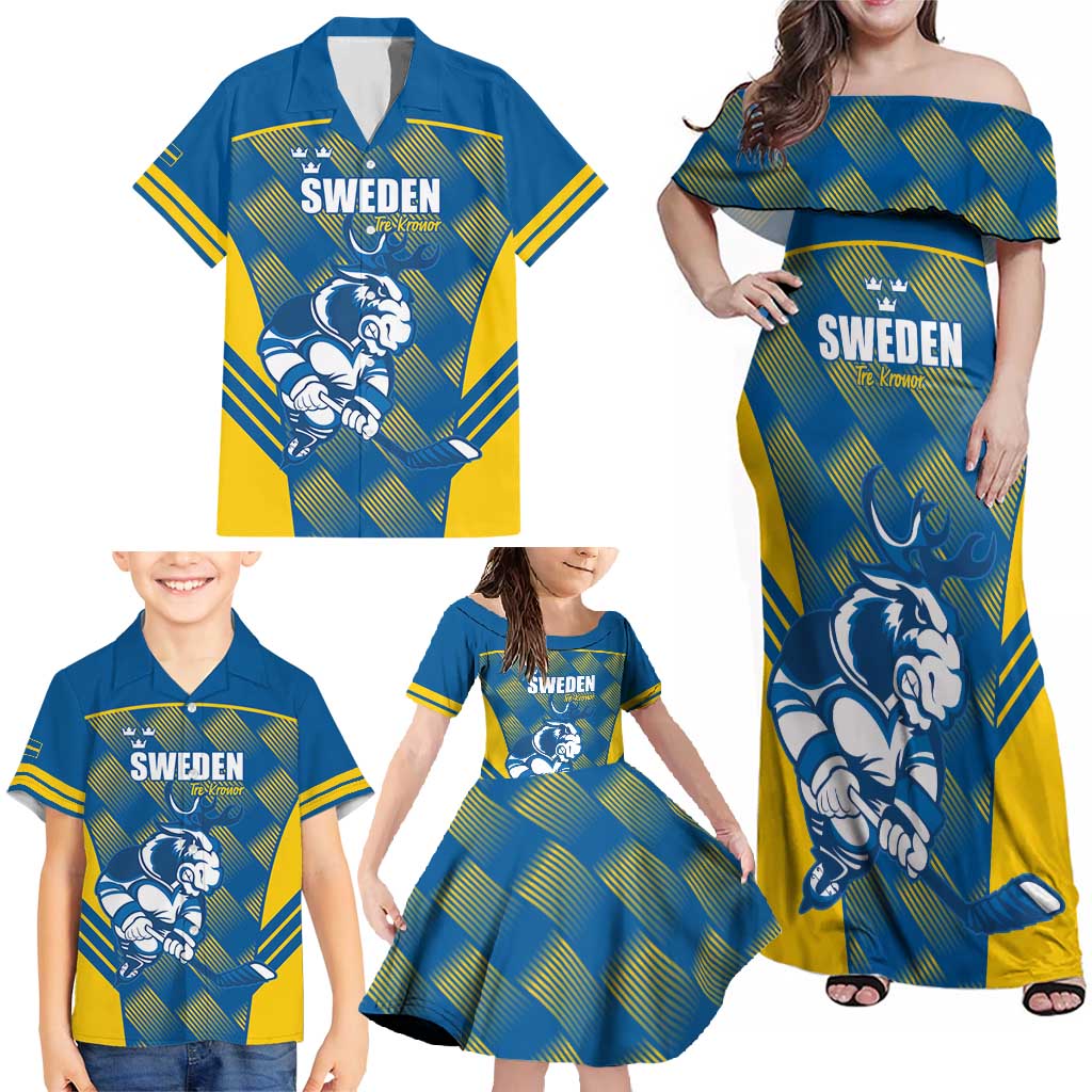 Sweden Hockey Custom Family Matching Off Shoulder Maxi Dress and Hawaiian Shirt Tre Kronor Swedish Moose Mascot