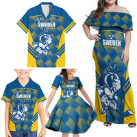 Sweden Hockey Custom Family Matching Off Shoulder Maxi Dress and Hawaiian Shirt Tre Kronor Swedish Moose Mascot