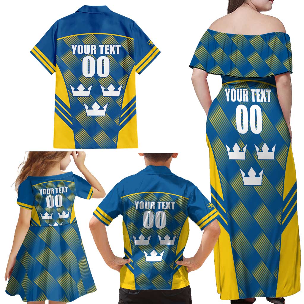 Sweden Hockey Custom Family Matching Off Shoulder Maxi Dress and Hawaiian Shirt Tre Kronor Swedish Moose Mascot