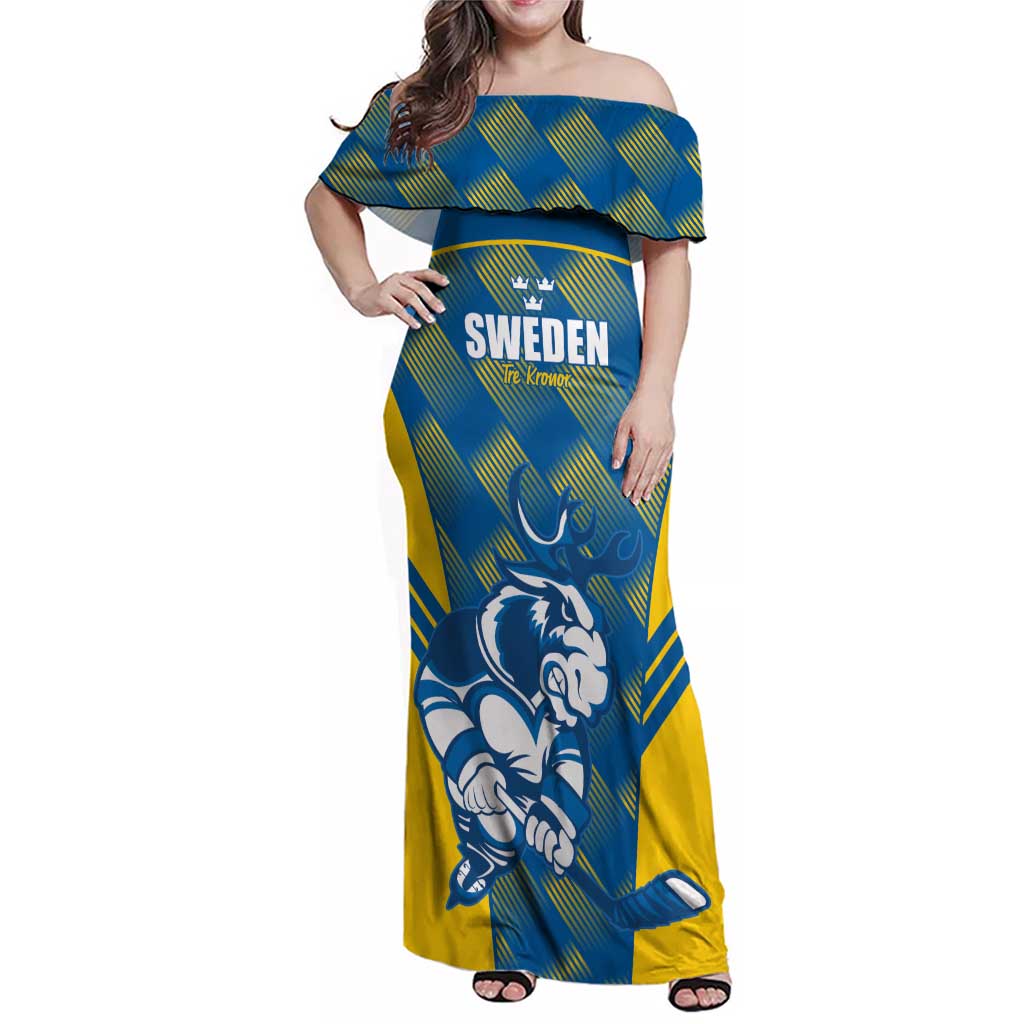 Sweden Hockey Custom Family Matching Off Shoulder Maxi Dress and Hawaiian Shirt Tre Kronor Swedish Moose Mascot