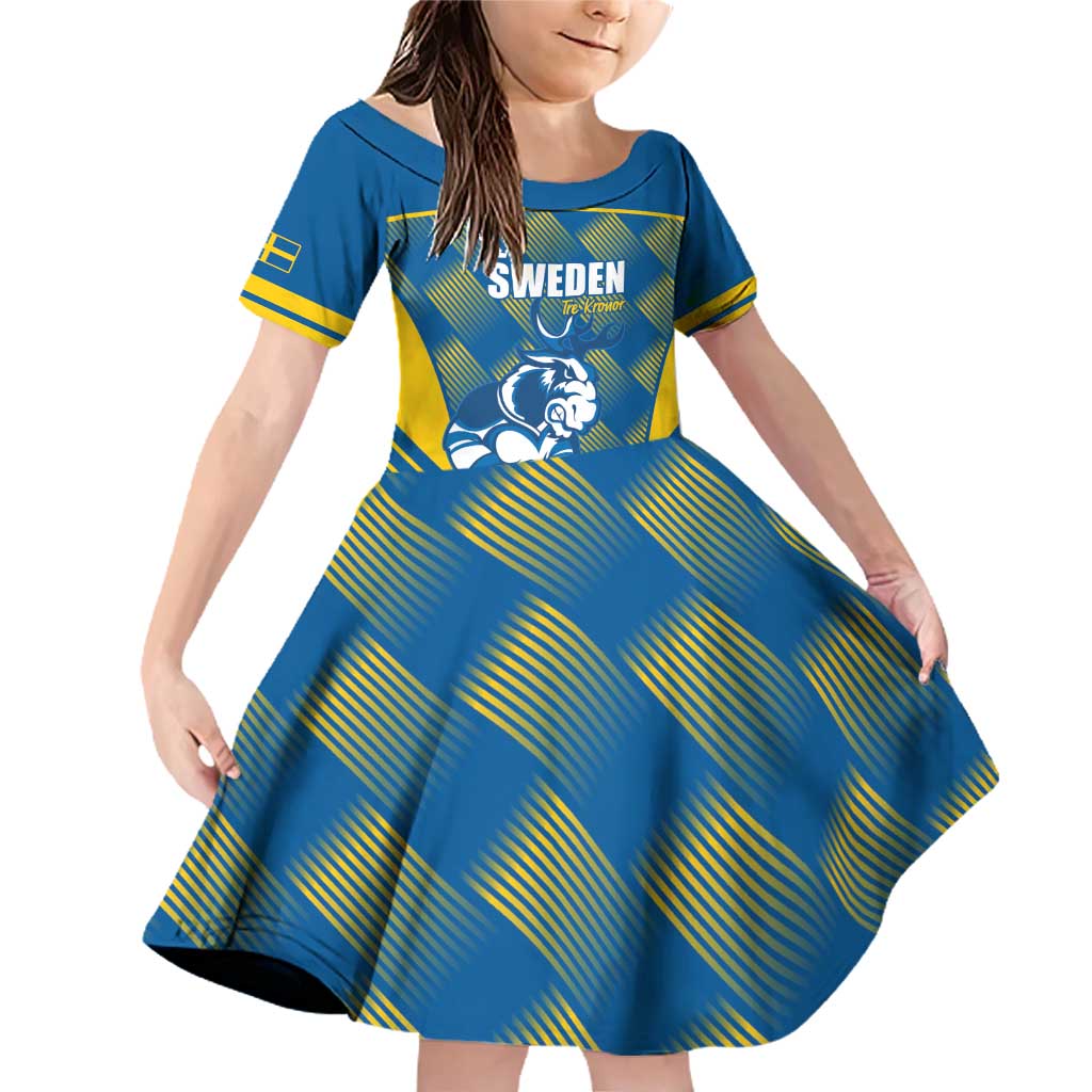 Sweden Hockey Custom Family Matching Off Shoulder Short Dress and Hawaiian Shirt Tre Kronor Swedish Moose Mascot